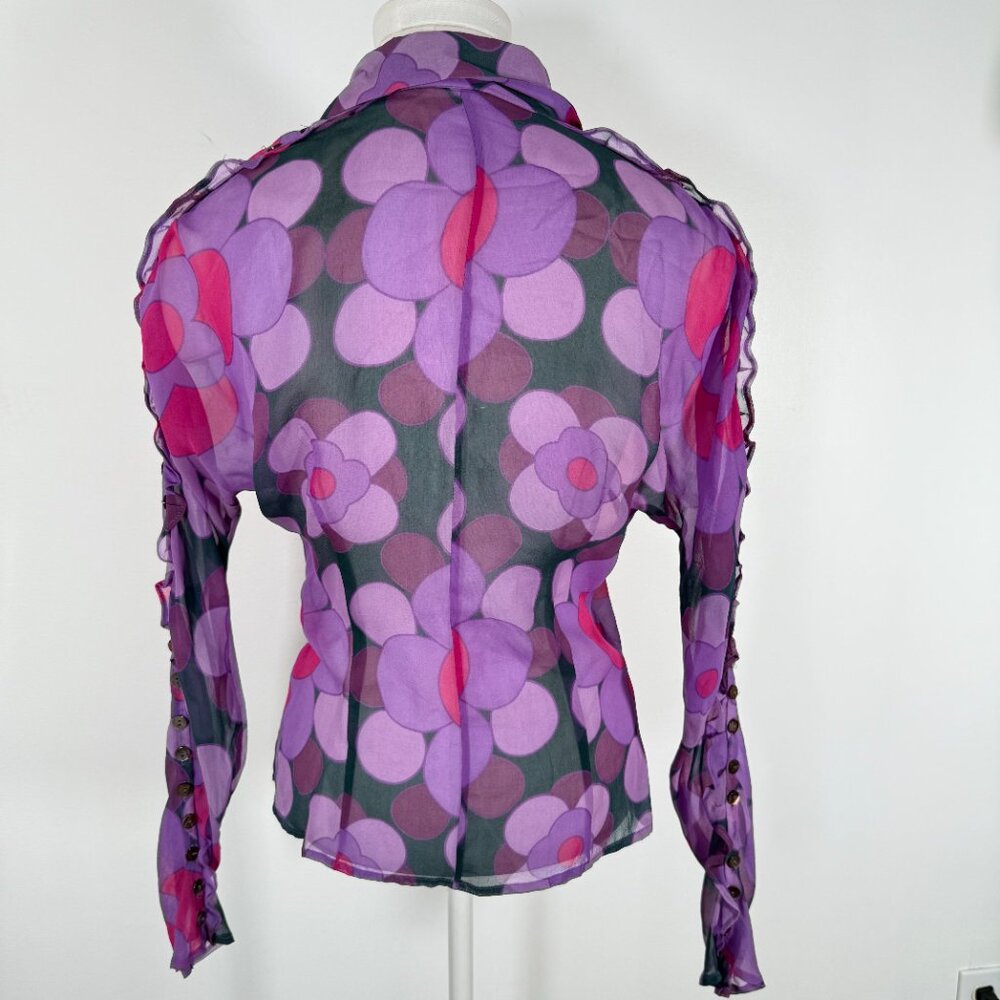 Women's Sheer Geometric Floral Purple Button Down Shop Maximalist Y2K 90s XS - Picture 3 of 10